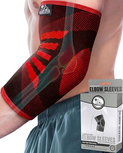 Nordic Lifting Elbow Compression Sleeves (1 Pair) for Men & Women - Support for Golfer’s & Tennis Elbow - Weightlifting Brace for Elbow Tendonitis, Workout Sleeve for Arm & Joint Recovery