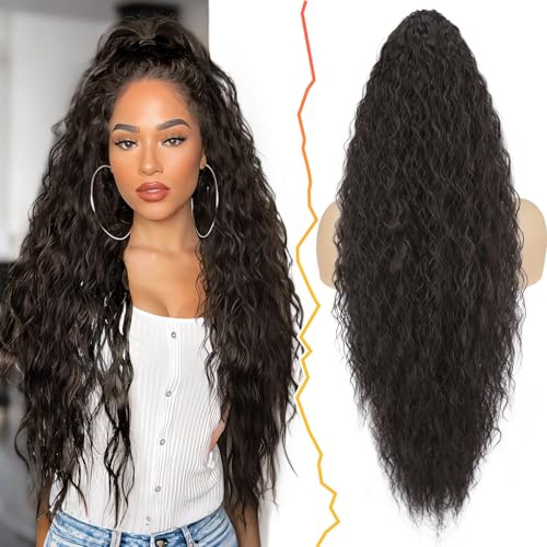 BARSDAR 76cm Lockige Wellige Pferdeschwanz Haarteil mit Kordelzug, Lange Kamm Clip Pferdeschwanz Haarverlängerungen Synthetisches Natürliches Dunkles Schokoladenbraun Ponytail Extension Haarteile