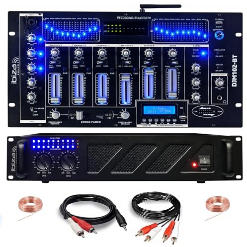 Ibiza - DJ-Pack Sono Verstärker AMP300-MKII 480 W – Mischpult Bluetooth DJM102-BT USB Klinke XLR – Kabel RCA Jack Lautsprecher im Lieferumfang enthalten
