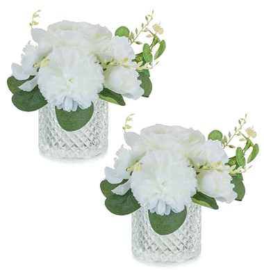 NUPTIO Small Artificial Flowers in Vase: 2 Pcs White Decorative Fake Flowers with Glass Vases for Home Bedroom Window - Silk Faux Rose Arrangements for Wedding Table Decor