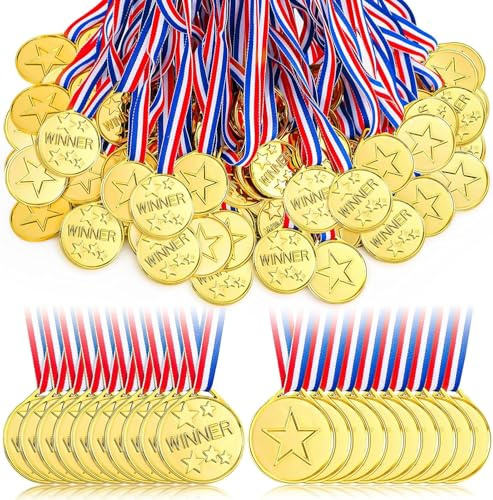 LZMDISU 100Pcs Gold Plastic Medals for Kids, Medal Awards with Ribbons