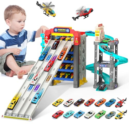 Charmofun Circuit Voiture Enfants, Piste de Course avec 5 Etages Garage, Jouet Circuit en Spirale pour Enfants 3+ Ans, 12 Voiture en Elliage et 2 Hélicoptère, Station-Service avec Pompes à Essence