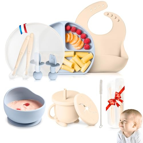 Shely Kids Coffret repas bebe avec Assiette ventouse pour bébé assiette 3 compartiments cuillere bebe 1er age x2-bol bebe bavoir silicone Gobelet pour bebe couvert enfant x2 (Gris/beige)