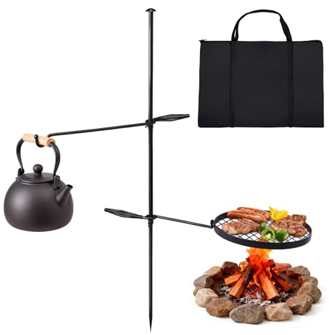 VINGLI Swivel Camping Firepit Grill, Foldable Campfire Steel Grate w/Griddle & Storage Bag, 360° Adjustable, Open Fire Outdoor Cooking Equipment, Parties, Activities, Families Use 30'' x 13'' x 48''