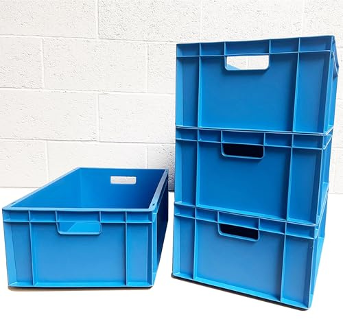 AUTORCE 4x 46L Heavy Duty Plastic Storage Boxes – Industrial Euro Stacking Containers 600x400x230 (h) mm – Durable Stackable Crates for Warehouse, Garage, Tools, Home & Commercial Use (Blue)