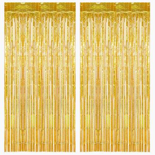 Lametta Vorhang Gold Glitzer, 2 Stück Glitzervorhang Lametta Gold Party Vorhang Deko, Folien Fransen Lamettavorhang Fotowand Hintergrund für Geburtstag Weihnachten Silvester Goldene Hochzeit Partydeko