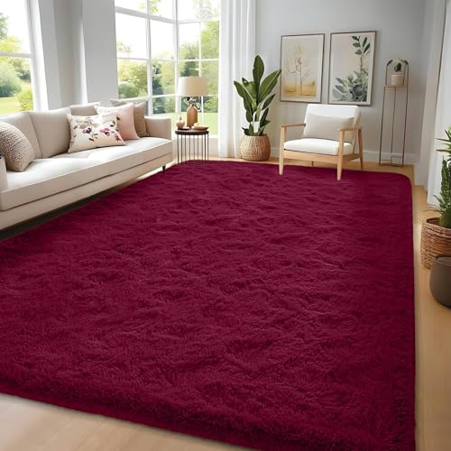 FVVRAX Tappeto Peloso Borgogna 140x200 cm per Salotto e Camera da Letto - Tappeto Morbido Extra Pelo Lungo, Ideale per Decorazione Casa Moderna | Rug Antiscivolo