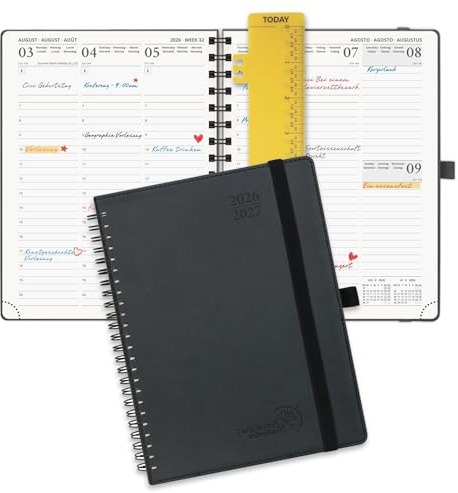 POPRUN Kalender 2026 2027 Wochenplaner, ca. A5 Spiralbuch mit Softcover | 17-Monate-Terminplaner,(Aug,2026-Dez,2027),1 Woche 2 Seite,ca,A5(21,8 x 16,4cm)(Schwarz)