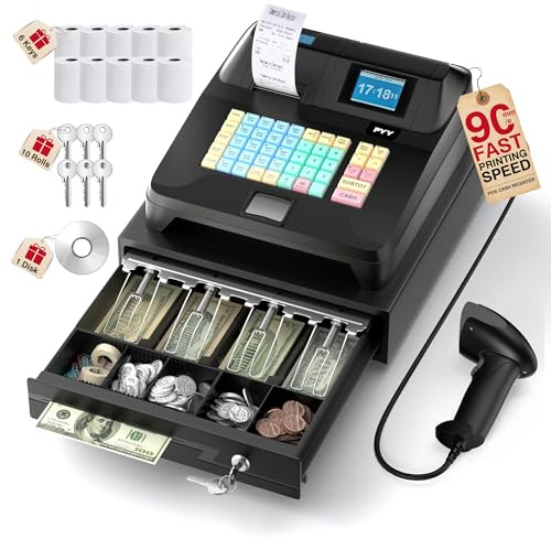 PYY Cash Register for Small Businesses with Scanner - Electronic Caja Registradora para Negocio with Lock Cash Drawer Box, 48 Keys, 8 Digital Dual Display, Commercial Retail Restaurant Supermarket