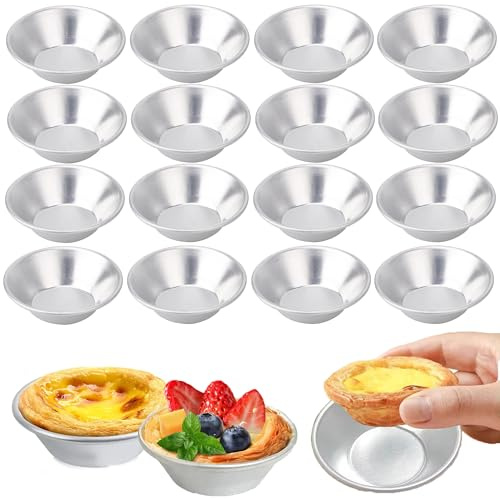 DHER 16 moldes de aluminio para tartas de huevos, tartas de huevos, moldes con base plana, reutilizables, antiadherentes, para tartas de huevos, pudín, pasteles, cupcakes, magdalenas (A 7 cm)
