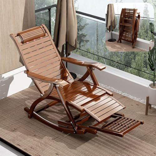 SJAPEX Sedia A Dondolo Pieghevole in bambù con Poggiapiedi E Massaggiatore per I Piedi, Reclinabile Ergonomica in Legno, Senza Montaggio, Sedia da Esterno per Patio, capacità di 150Kg Dark Brown