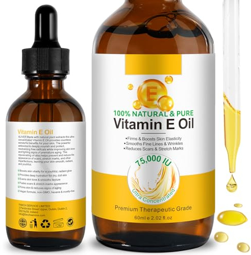 Vitamin E Öl 75.000 IU – 100% Reines & Natürliches Pflegeöl für Gesicht, Körper & Narben – Intensive Feuchtigkeit für trockene Haut, Dehnungsstreifen, Haare & Nägel 60 ml