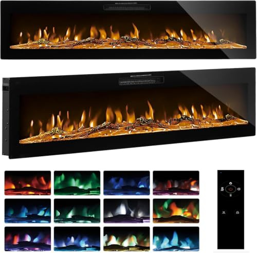 TRIOBLADE Electric Fireplace Recessed/Wall Mounted 50/60 Media Wall Fire with Full Tempered Glass 12 Flame Colors & 5 Speeds 750W/1500W Heater with Remote/Touch Control Timer (50inch/127cm)