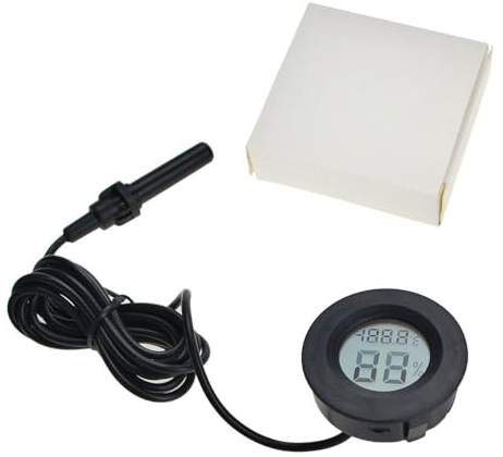 Lot de 5 Mini Thermomètres Hygromètres Numériques avec Sonde, Encastrables Ronds LCD, °C/°F, Noir pour Serre Jardin Cave Frigo Bocaux en Verre(Black-1.5-meter external probe)