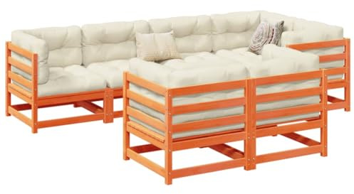 Ensemble de salon de jardin modulaire en pin massif marron cireux, coussins épais et structure en bois de pin massif