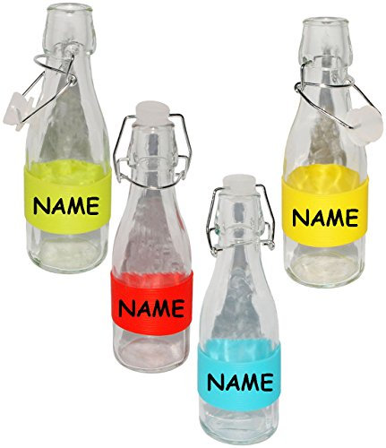 alles-meine.de GmbH 3 Stück kleine Bügelflaschen/Trinkgläser/Becher - Bunte Farben - incl. Name - 300 ml - transparent & durchsichtig - mit Silikongriff Ring - Glasflas..