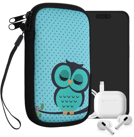 kwmobile Handytasche für Smartphones M - 5,5 - Neopren Handy Tasche Hülle Cover Case Schutzhülle - Eule Schlaf Türkis Braun Mintgrün - 15,2 x 8,3 cm Innenmaße