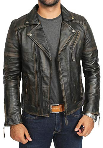 A1 FASHION GOODS Hommes Cuir Véritable Style de Motard Veste Cru Noir Deux Tons Coupe Slim Manteau de Designer Max (L - E U 50)