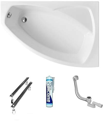 ECOLAM® Badewanne Eckbadewanne Acryl Frida Polimat weiß 150x100 cm RECHTS + Ablaufgarnitur Ab- und Überlauf Automatik Füße Silikon Komplett-Set