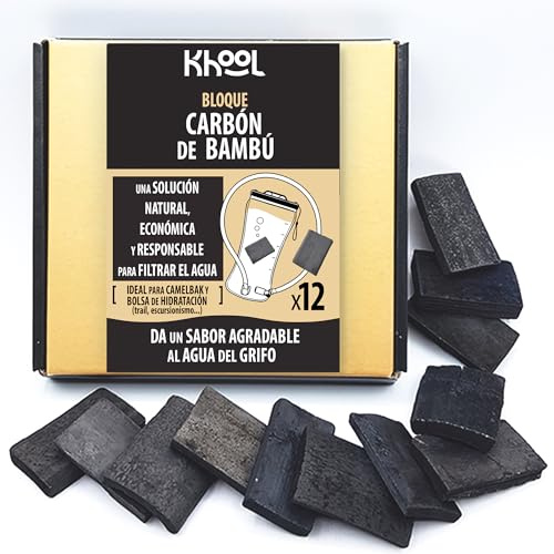 KHOOL | Carbone di Bambù per Borracce e Sacche d’Idratazione | Purificatore Naturale | Elimina Cattivi Odori e Sapore | Idratazione Migliorata | 12 Blocchi