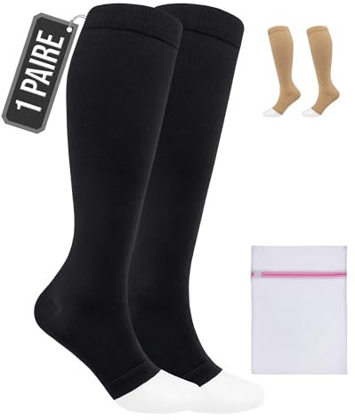 360 Relief 1 Pair Compression Socks for Women & Men - Open Toe Graduated Compression Stockings, Flight Socks, Running, Nurses, Maternity, Pregnancy, S/M, Black + Laundry Bag