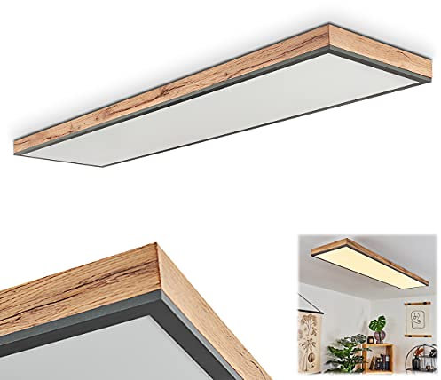 LED Panel Salmi, modernes Deckenpanel aus Metall und MDF in Schwarz/Weiß/Holzoptik, 36 Watt, 1-flammig, 2250 Lumen, Lichtfarbe 3000 Kelvin (warmweiß), eckige Deckenlampe in flachem Design