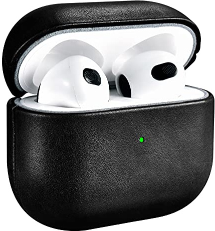 Leather Case for AirPods 3(October 2021) ICARERSPACE Premium Genuine Leather Shockproof Protective Case Cover for Apple AirPods 3 Earphones Charging Case (LED Visible) Support Wireless Charger BLACK