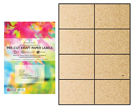 Evergreen Goods A4 Kraftpapier Etiketten selbstklebend matt | 30 Blatt | Für Tintenstrahldrucker und Laserdrucker | 8 pro A4, insgesamt 240 Etiketten (2 x 4)