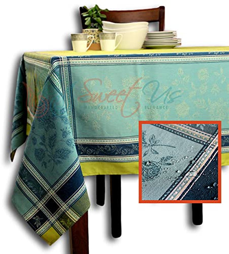 Sweet Us Abwischbare Tischdecke, schmutzabweisend, Teflonbeschichtung, florales Baumwollgewebe, französische provenzalische Jacquard-Tischdecke für rechteckige Tische (157,5 x 198,1 cm, heller Himmel)