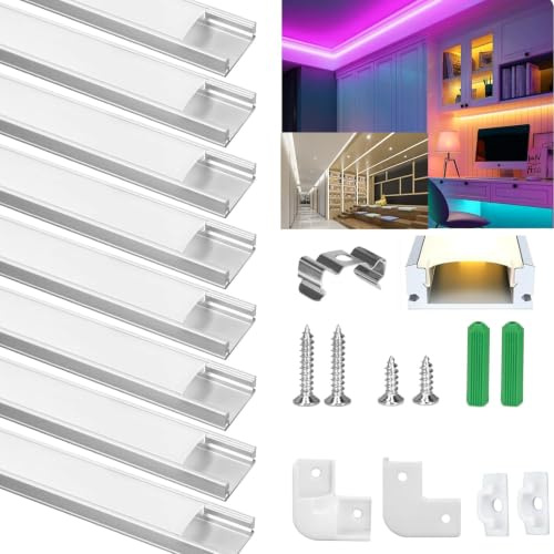 LED Aluminum Profile V-Shape 8x1m,Channel with Cover, Led Aluminum Channel and Diffuser for Led Strip Lights with Milky White Cover, End Caps and Metal Mounting Clips (8×1M-U, Silver)