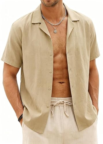 Halfword Camisa Lino Hombre Manga Corta Verano Casual Coton Botones Camisa Suelta Playa Boda Blanca Shirt Beige XL
