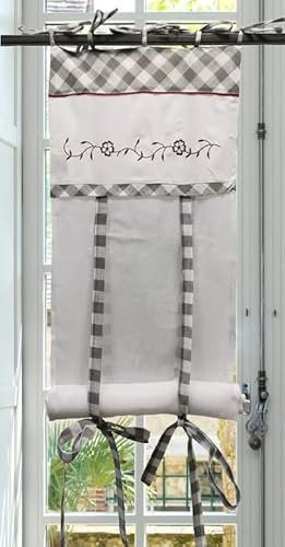 Autrefois Rideau Enrouleur et Brise bise, Lin brodé, Voilage Broderie, Style Charme, Petit Rideau Fin, Decoration pour fenetre de Cuisine, Salle de Bain, Salon, French Style, Roussillon (45 x 160 cm)
