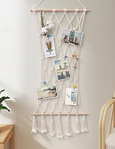 SUMGAR Wandregal Holz Makramee Wandbehang Regal Wand Boho Deko Schweberegal Quaste Handgewebte Natürliches Treibholz Hängeregal Chic Schwimmende Regale Für Wohnzimmer (Fotowand Collage)