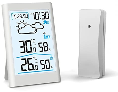 Station D'horloge Météo,Thermomètre Hygromètre Baromètre,Station Météo Numérique LCD avec Capteur Extérieur pour Bureau À Domicile