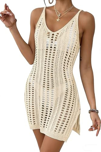 Timuspo Bikini Cover Up Damen Ärmellos Strandkleid Häkelkleid V-Ausschnitt Badeanzüge Überwurf Seitenschlitz Strandtunika