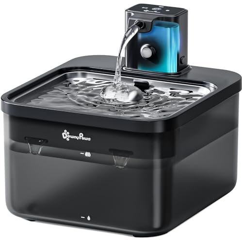 DownyPaws Fuente para Gatos inalámbrica, 2.5L Bebedero para Gato con Detector de Movimiento, Bebedero para Gato a Batería, 4000mAh, Bomba de Agua Silenciosa y Bandeja de Acero Inoxidable, Negro