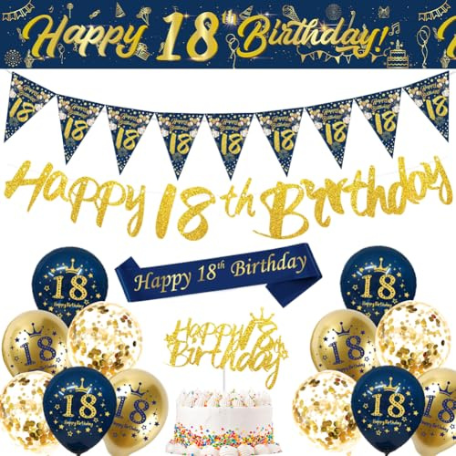 18th Birthday Decorations Men,Blue Gold Happy 18th Birthday Banner,18th Birthday Balloons,Bunting Flags,Sash,Cake Toppers for Men Blue 18th Birthday Party Supplies
