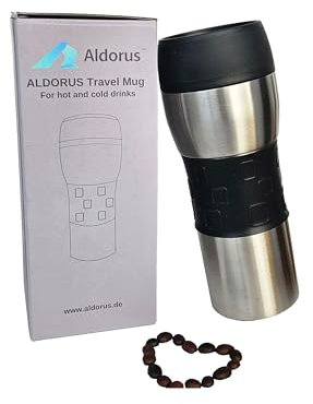 ALDORUS Thermobecher 400 ml – doppelwandig vakuumisoliert (Edelstahl), 4 h heiß / 6 h kalt, 100% auslaufsicherer Quick Press Verschluss, 360° Trinköffnung (Schwarz)