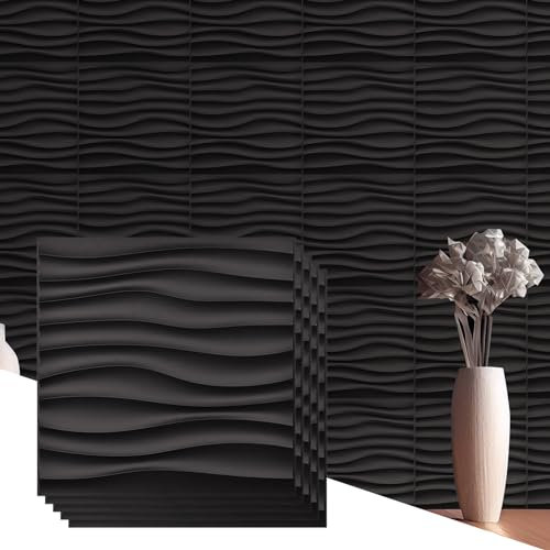 Drydiet 3D-Wandpaneele aus PVC, Wellenpaneele für Innenwanddekoration, strukturierte Wandverkleidungen, Wandfliesen für Schlafzimmer, Wohnzimmer, Decke, DIY, Abdeckung 48 m², Mattschwarz, 18 Stück