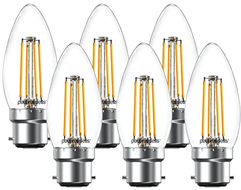 paul russells LED Filament Candle – Dimmable Bayonet Cap B22 Light Bulbs, 4.5Watt 470Lumens C35 LED Bulbs, 40w Equivalent, 2700K Warm White Dimmer BC Energy Saving Chandelier Lamps, 6 Pack