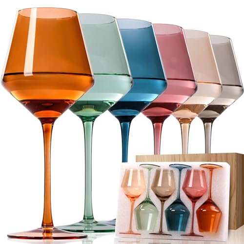 Juego de copas de vino de colores de 6 a 17 onzas, copas de vino coloridas sopladas a mano con tallo largo, regalo único de vino tinto y blanco para bodas, cumpleaños, Navidad