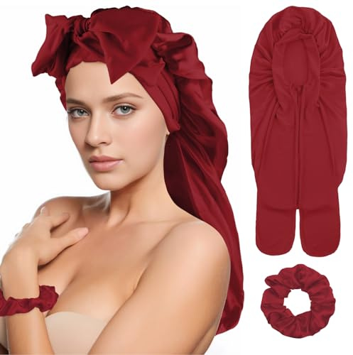 Abeillo Lange Satinhaube für Damen, Große Seidenhaube zum Schlafen, Satin Haarhaube Nacht, Silk Bonnet, Haube mit Bindeband und Haargummis, Schlafhaube für Langes Lockiges Haar, Zöpfe (Weinrot)