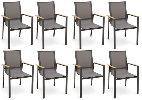 ALEOS. Gartenstuhl mit Armlehne Gartensessel Stapelstuhl Stapelsessel Sessel Trinidad Aluminium Textilgewebe Teak stapelbar, Größe:8 Stück