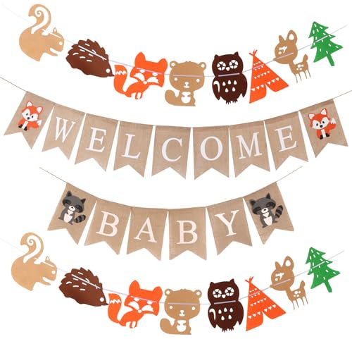 Minicloss Welcome Baby Banner, Vintage Leinen Willkommen Baby Banner, Wald Baby-Dusche Deko Welcome Baby Banner Zubehör für Babyparty, Zuhause Empfang, Baby Shower Dekoartikel Wald Party