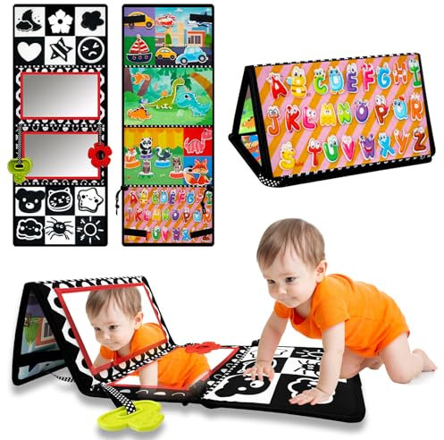 RunHero Baby Spiegel Spielzeug mit Knisterbuch Montessori Schwarz Weiß Kontrast Stoffbuch Kontrastkarten Kinderspiegel Lernspielzeug für Neugeborenes