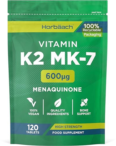 Vitamin K2 MK7 600mcg | 120 Tablets (Not Capsules) | High Strength Vitamin K2 Menaquinone MK-7 Supplement | Bioavailable Formula for Men & Women | Suitable for Vegans | by Horbaach