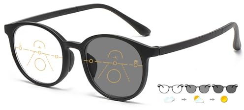 ABETOS Multifokale Lesebrille Gleitsichtbrille Selbsttönende Damen Herren Rund Lesehilfe Sehhilfe Blaulichtfilter Multifokus Sonnenbrille Brille mit Sehstärke, Schwarz+1.5