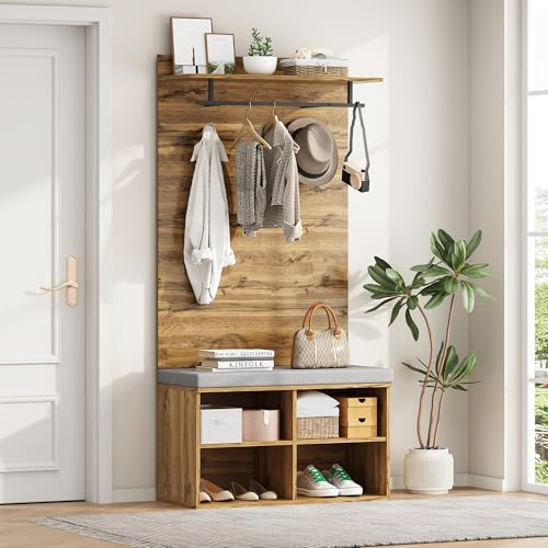 soges Garderobenständer Garderobenpaneel mit Sitzbank, Kleiderständer, Flurmöbel Set, Garderobenset mit Schuhregal, Haken und Kleiderstange für den Eingangsbereich, 84 x 32 x 175 cm