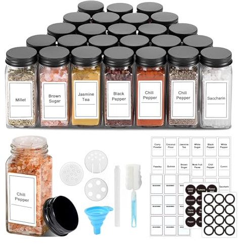 ZhouZGlass 24Pcs Airtight Glass Spice Jars with Shaker Lids, 4oz/150ml Square Glass Storage Jars with 93 Lables, Container for Spice, Salt, Sugar etc