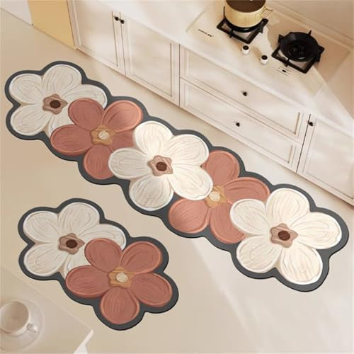 Highdi Küchenläufer, 3D-Blumenmodell Drucken Saugfähig Läufer Flu Teppich Küche Flur Teppich Läufer, Diatomeenerde Teppich Küche, Küchenteppich Waschbar rutschfest, für Küche, Flur (80x200cm,Rosa)